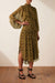 Carmela Long Sleeve Open Back Midi Dress - Ochre/ Multi
