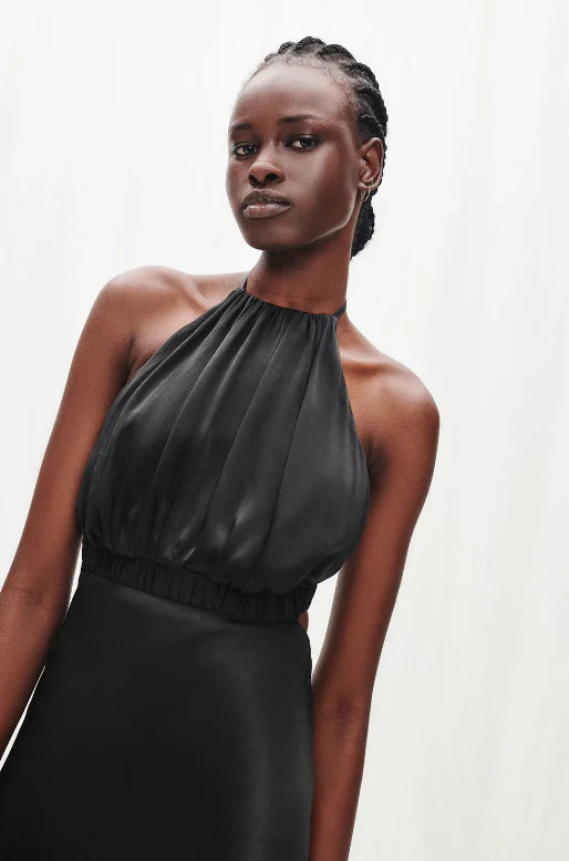 Angelica Ruched Open Back Halter Midi Dress - Black