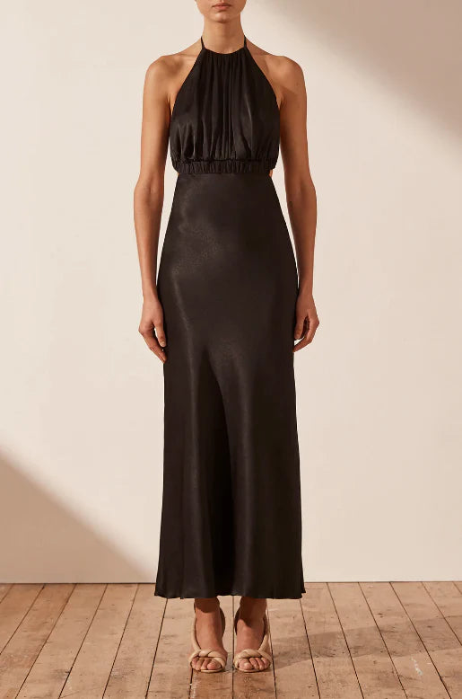 Angelica Ruched Open Back Halter Midi Dress - Black