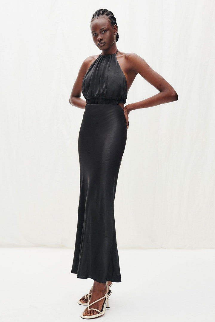 Angelica Ruched Open Back Halter Midi Dress - Black