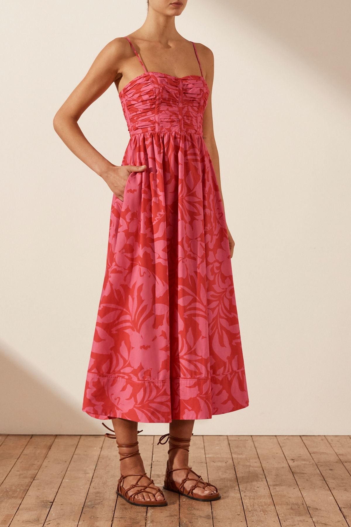 Antonia Ruched Panel Midi Dress - Azalea Pink/Red